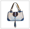 Женская сумка из белой и голубой кожи с кисточкой